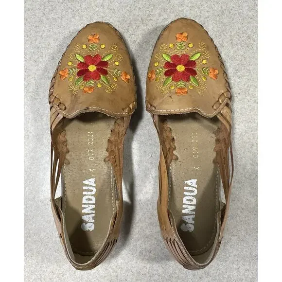 Sandua Women's Floral Embroidered Flats Size 7 Mexican Sandals Brown Leather - Picture 4 of 11